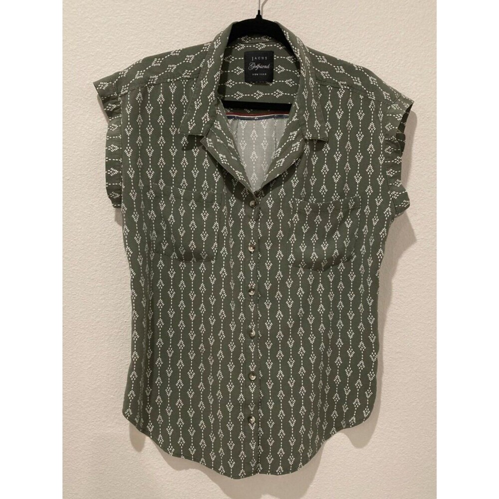 JACHS Girlfriend Green White Geometric Print Camp Shirt L